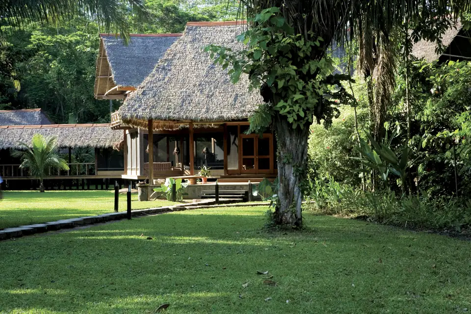 The thatched main house of Reserva Amazónica, among the trees