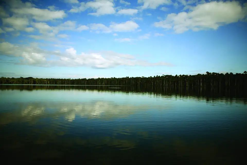 A calm lake reflecting the forest and the sky