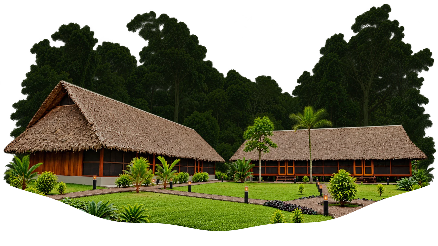 The thatched buildings of the Amazon Field Station in their garden, with the Tambopata forest behind