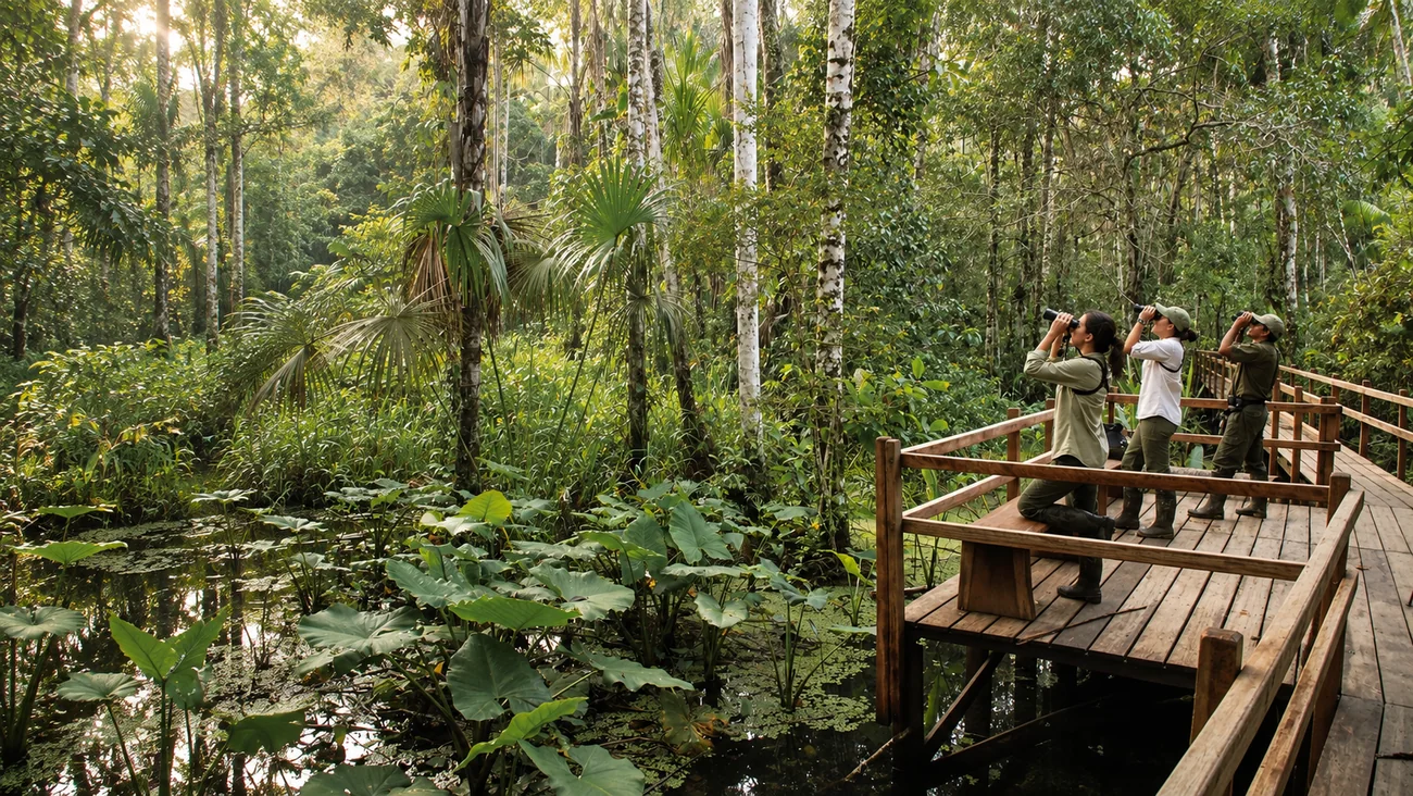 Birdwatchers with binoculars on a wooden boardwalk over an Amazon lagoon