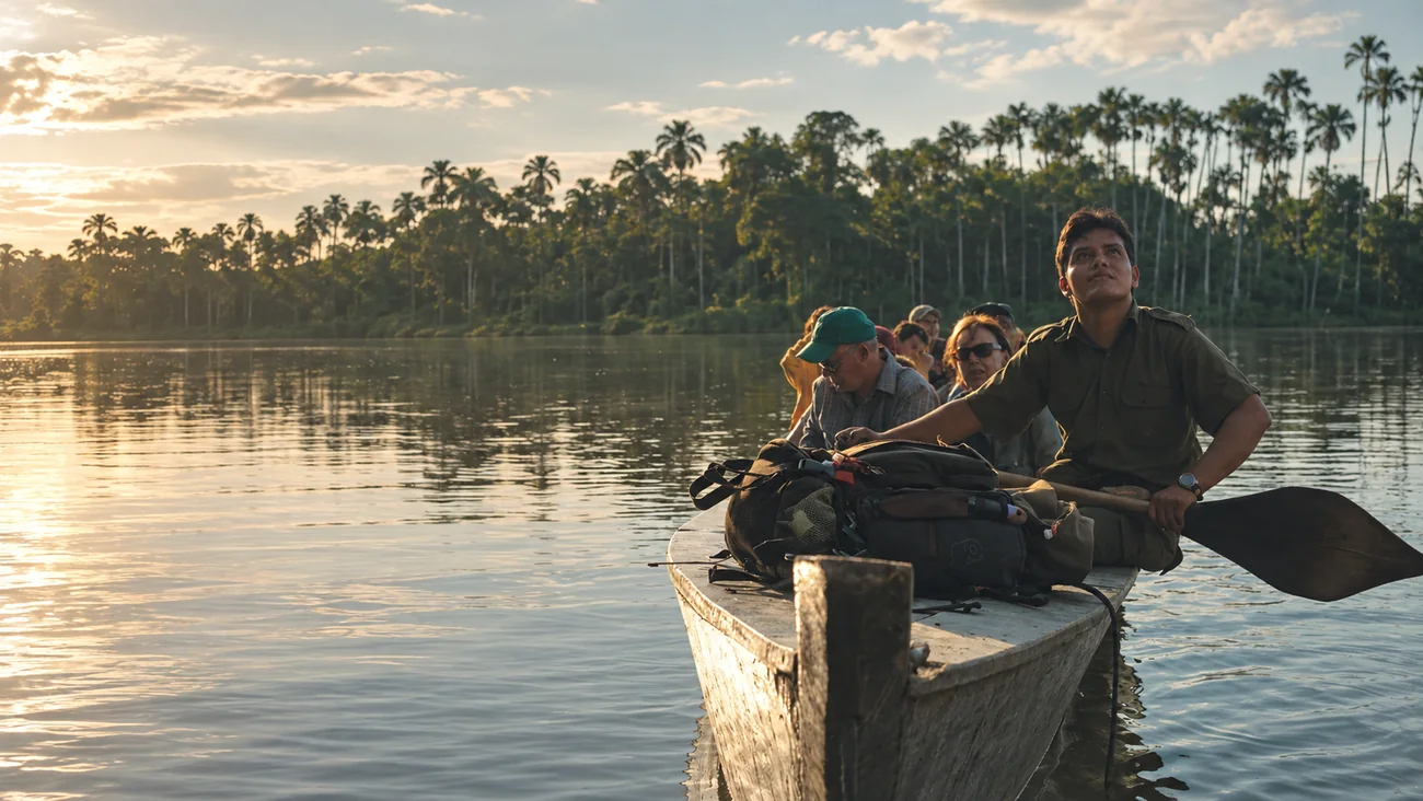 A field team travels by boat on the Madre de Dios river at dawn