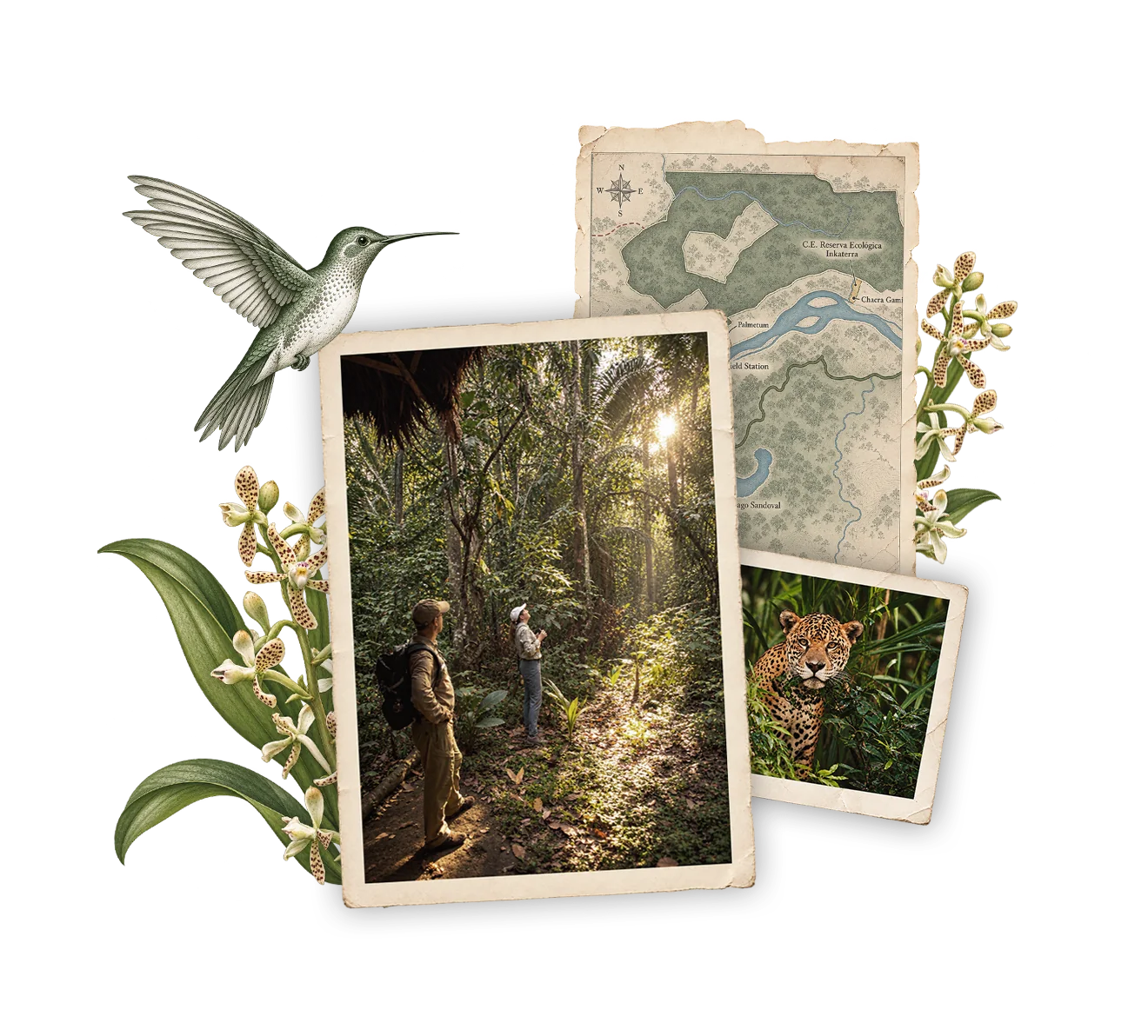 Collage: two researchers on a rainforest trail, a field-station map, a jaguar, a canopy walkway, an orchid and a hummingbird