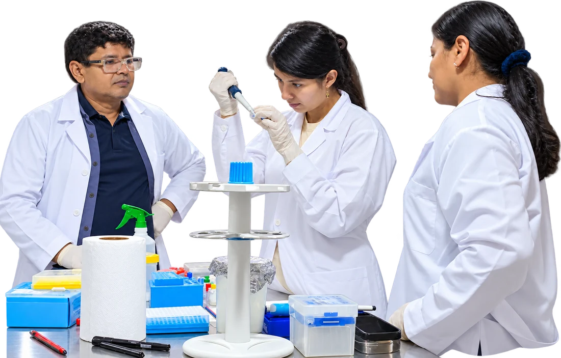 A researcher at the microscope