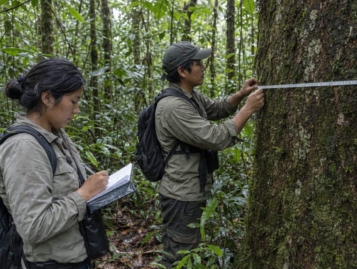 Two researchers measuring a tree trunk in the rainforest